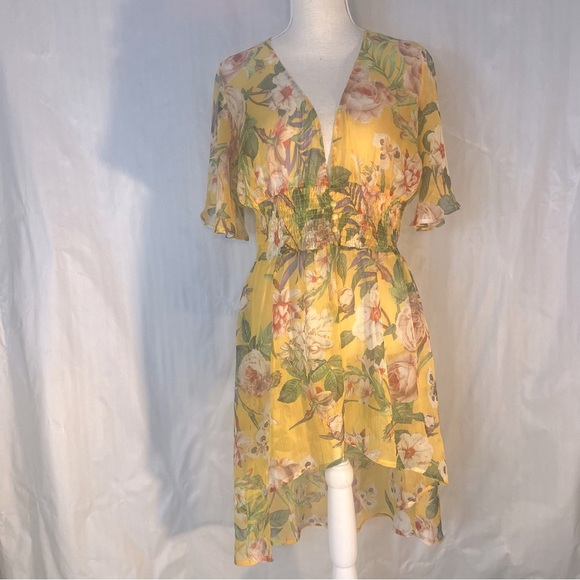 easel Other - Easel Swimwear Cover Up Shear Yellow Floral Deep V Neck  Slit Flutter Sleeves S